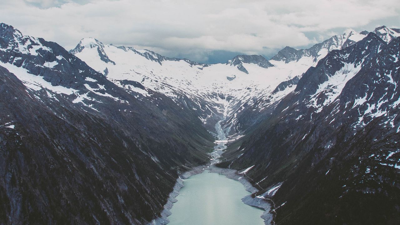 Wallpaper mountains, mountain range, river, snow, clouds