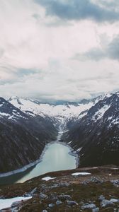 Preview wallpaper mountains, mountain range, river, snow, clouds