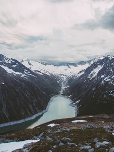 Preview wallpaper mountains, mountain range, river, snow, clouds