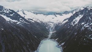 Preview wallpaper mountains, mountain range, river, snow, clouds