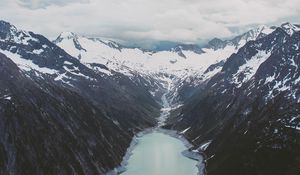 Preview wallpaper mountains, mountain range, river, snow, clouds