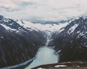 Preview wallpaper mountains, mountain range, river, snow, clouds