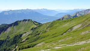 Preview wallpaper mountains, mountain range, slope, trees, landscape, green