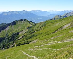 Preview wallpaper mountains, mountain range, slope, trees, landscape, green