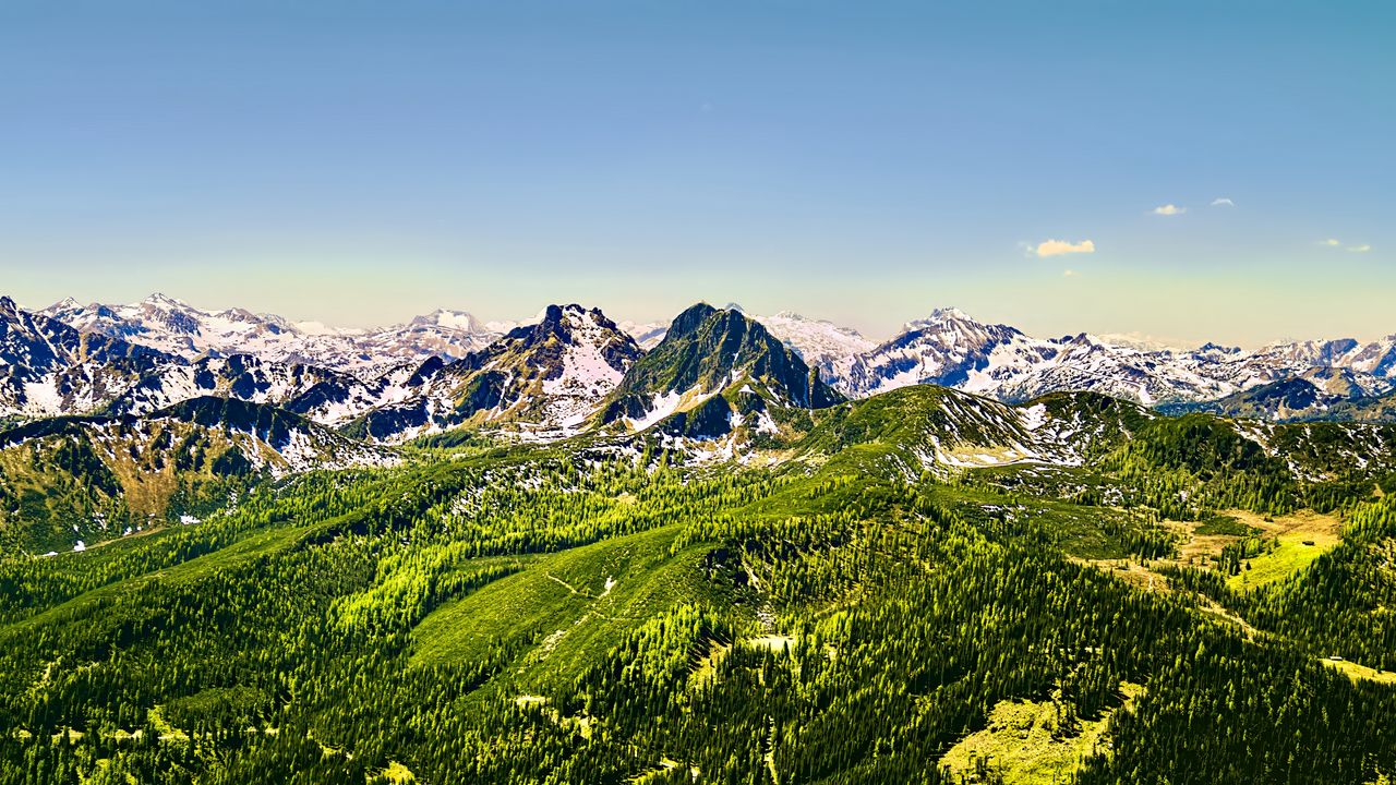 Wallpaper mountains, nature, landscape, forest, blue sky, snow