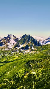 Preview wallpaper mountains, nature, landscape, forest, blue sky, snow