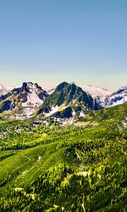 Preview wallpaper mountains, nature, landscape, forest, blue sky, snow