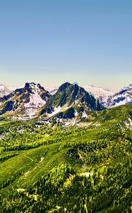 Preview wallpaper mountains, nature, landscape, forest, blue sky, snow