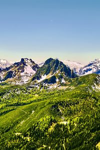 Preview wallpaper mountains, nature, landscape, forest, blue sky, snow