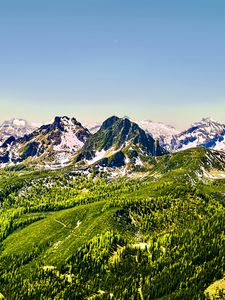 Preview wallpaper mountains, nature, landscape, forest, blue sky, snow