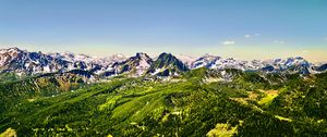 Preview wallpaper mountains, nature, landscape, forest, blue sky, snow