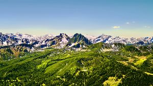 Preview wallpaper mountains, nature, landscape, forest, blue sky, snow