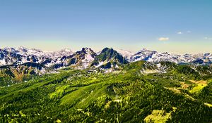 Preview wallpaper mountains, nature, landscape, forest, blue sky, snow