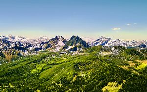 Preview wallpaper mountains, nature, landscape, forest, blue sky, snow