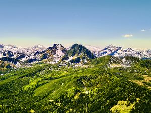 Preview wallpaper mountains, nature, landscape, forest, blue sky, snow