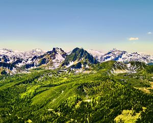 Preview wallpaper mountains, nature, landscape, forest, blue sky, snow