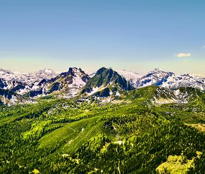 Preview wallpaper mountains, nature, landscape, forest, blue sky, snow