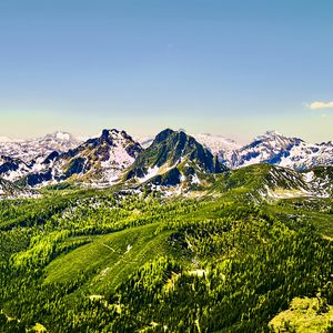 Preview wallpaper mountains, nature, landscape, forest, blue sky, snow