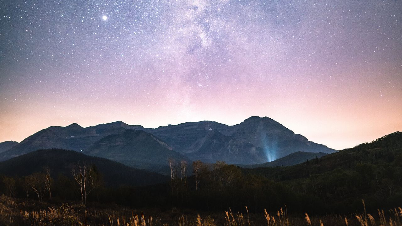 Wallpaper mountains, nebula, stars, trees