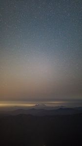 Preview wallpaper mountains, night, aerial view, fog, starry sky