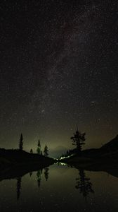 Preview wallpaper mountains, night, lake, stars, starry sky, trees