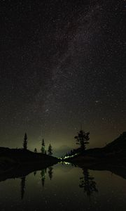 Preview wallpaper mountains, night, lake, stars, starry sky, trees