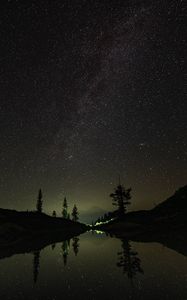 Preview wallpaper mountains, night, lake, stars, starry sky, trees