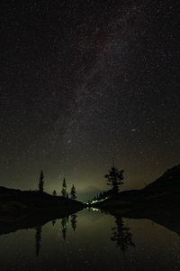Preview wallpaper mountains, night, lake, stars, starry sky, trees