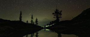Preview wallpaper mountains, night, lake, stars, starry sky, trees
