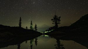 Preview wallpaper mountains, night, lake, stars, starry sky, trees