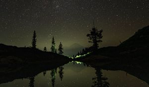 Preview wallpaper mountains, night, lake, stars, starry sky, trees