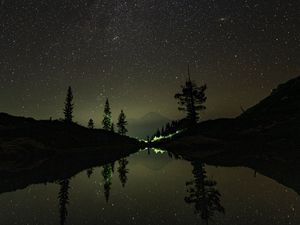 Preview wallpaper mountains, night, lake, stars, starry sky, trees