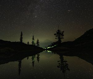 Preview wallpaper mountains, night, lake, stars, starry sky, trees