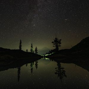 Preview wallpaper mountains, night, lake, stars, starry sky, trees