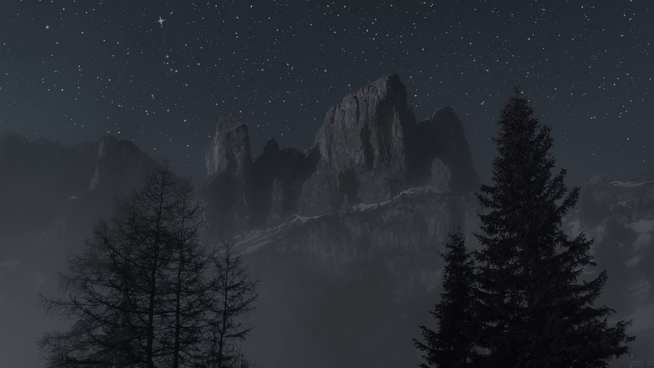 Wallpaper mountains, night, landscape, bench, trees, starry sky, fog