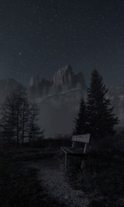 Preview wallpaper mountains, night, landscape, bench, trees, starry sky, fog