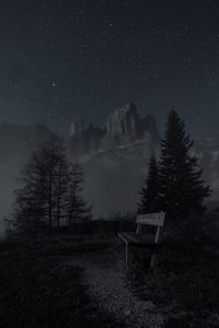 Preview wallpaper mountains, night, landscape, bench, trees, starry sky, fog