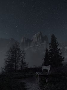 Preview wallpaper mountains, night, landscape, bench, trees, starry sky, fog