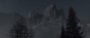 Preview wallpaper mountains, night, landscape, bench, trees, starry sky, fog