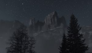 Preview wallpaper mountains, night, landscape, bench, trees, starry sky, fog