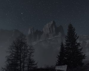 Preview wallpaper mountains, night, landscape, bench, trees, starry sky, fog
