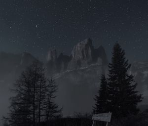 Preview wallpaper mountains, night, landscape, bench, trees, starry sky, fog