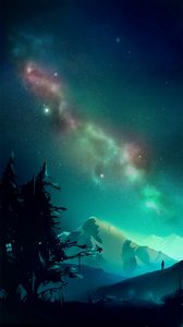 Preview wallpaper mountains, night, northern lights, landscape, art