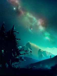 Preview wallpaper mountains, night, northern lights, landscape, art
