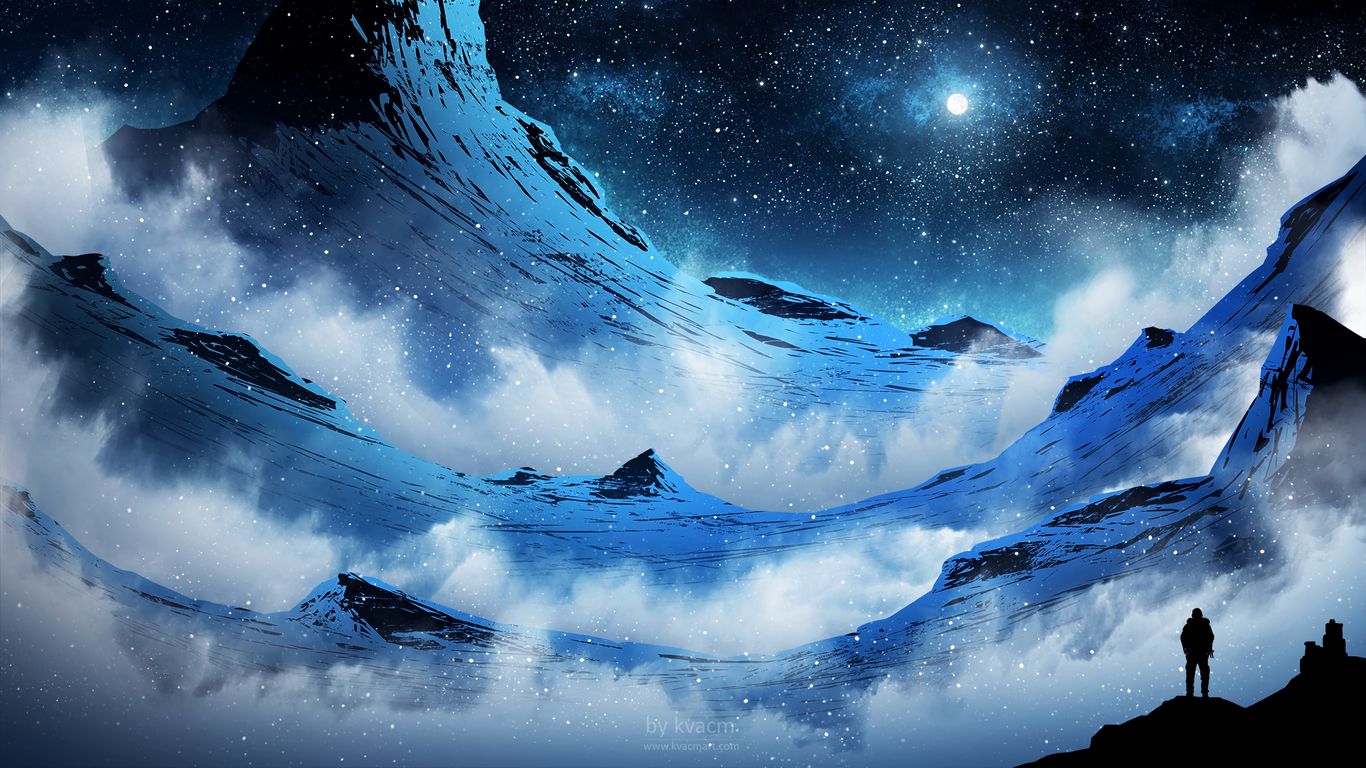 1366x768 Wallpaper mountains, night, silhouette, moon, moonlight
