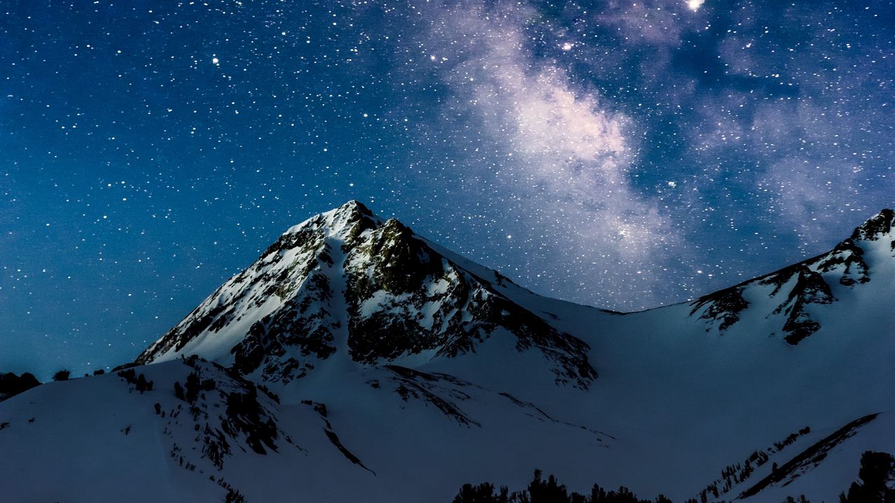 Wallpaper mountains, night, starry sky, milky way, snow