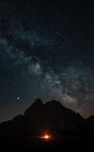 Preview wallpaper mountains, night, starry sky, darkness, fire