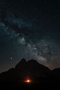 Preview wallpaper mountains, night, starry sky, darkness, fire