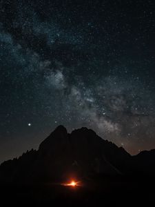 Preview wallpaper mountains, night, starry sky, darkness, fire