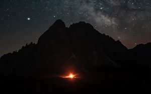 Preview wallpaper mountains, night, starry sky, darkness, fire